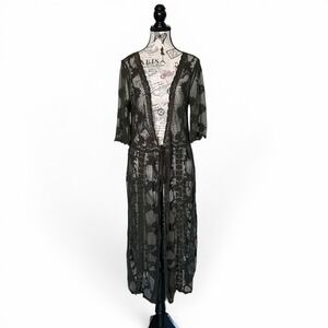 Woven Heart Lace Duster Womens Medium Olive Green Sheer Floral Mesh Cardigan Tie
